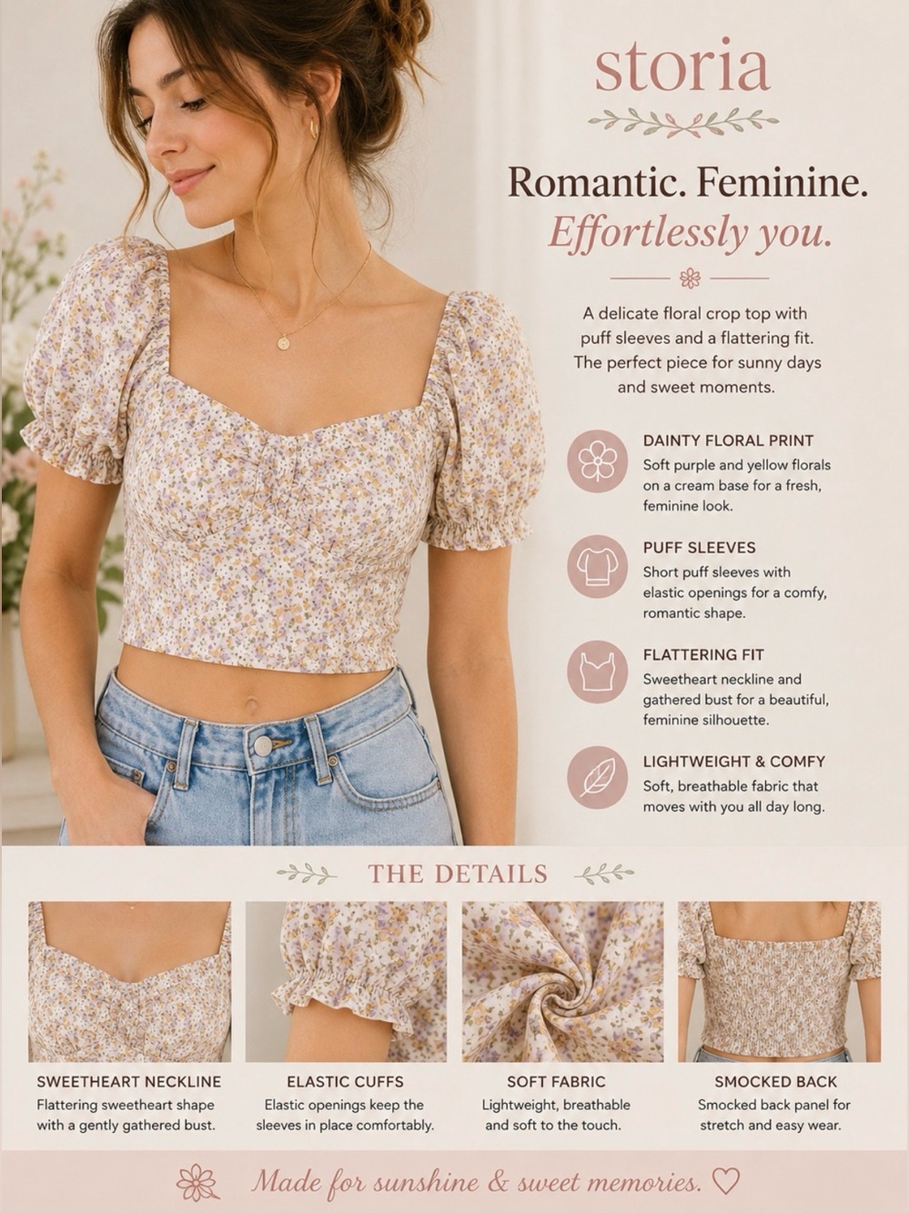 Storia Floral Puff Sleeve Crop Top in Cream small